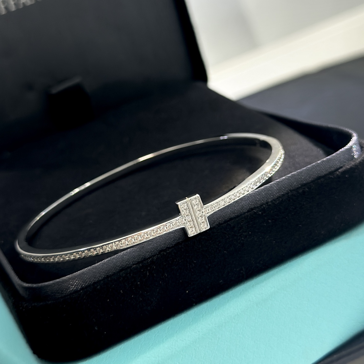 Tiffany & Co. 18K White Gold T Hinged Wire Bangle Bracelet - DopestKickz
