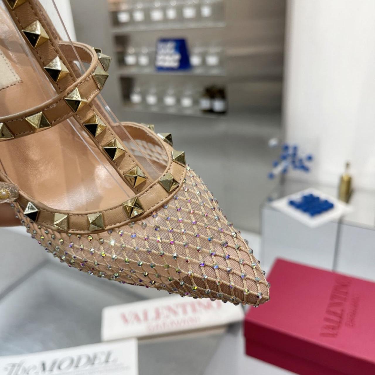 Valenti Rockstud Pumps Women Mesh With Crystals And Straps Apricot - DopestKickz