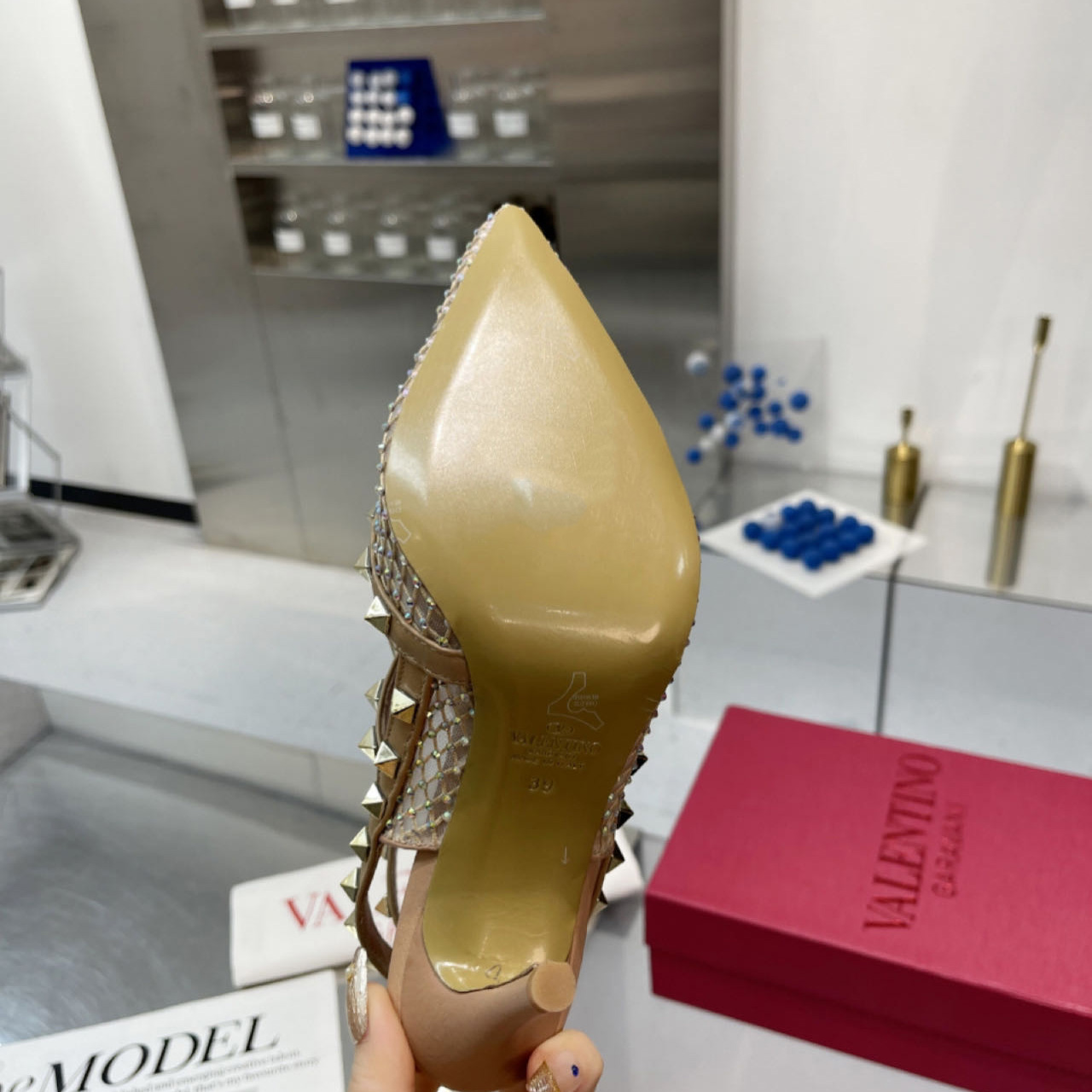 Valenti Rockstud Pumps Women Mesh With Crystals And Straps Apricot - DopestKickz