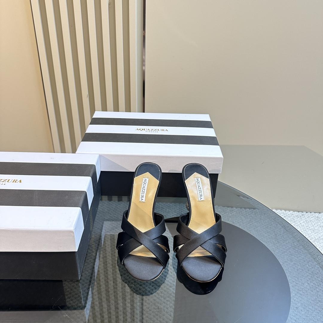 Aquazzura Black 105mm Yes Baby Satin Mules - DopestKickz