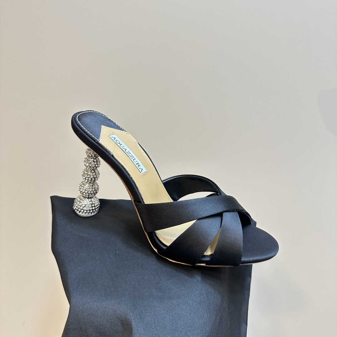 Aquazzura Black 105mm Yes Baby Satin Mules - DopestKickz