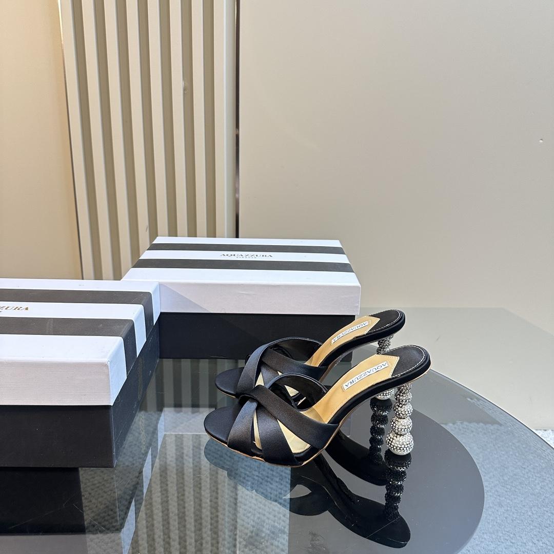 Aquazzura Black 105mm Yes Baby Satin Mules - DopestKickz
