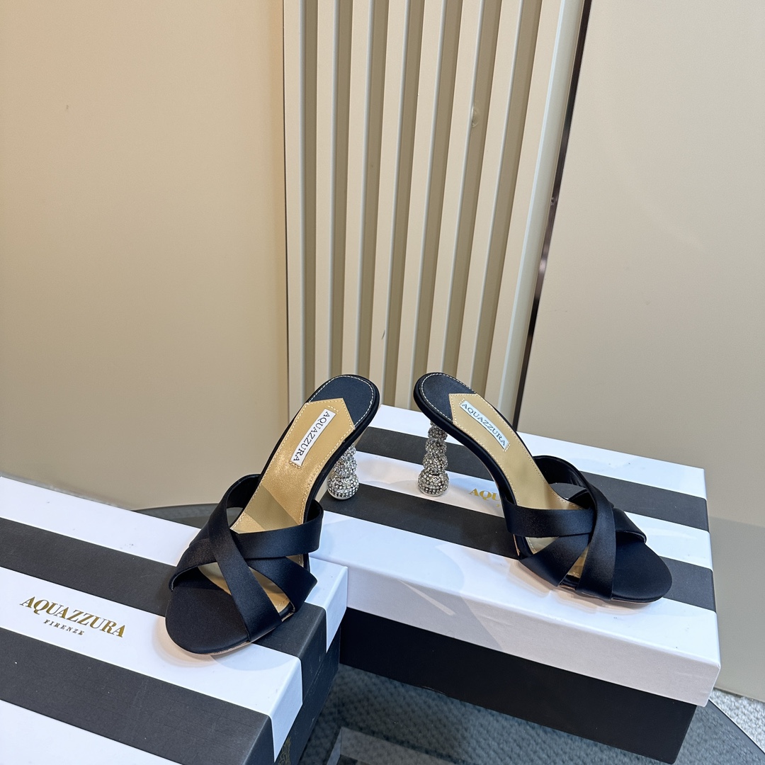 Aquazzura Black 105mm Yes Baby Satin Mules - DopestKickz