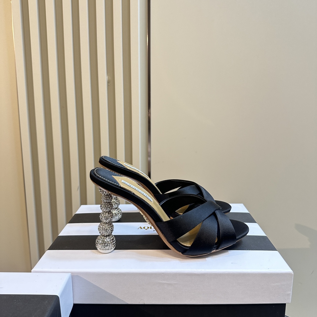 Aquazzura Black 105mm Yes Baby Satin Mules - DopestKickz