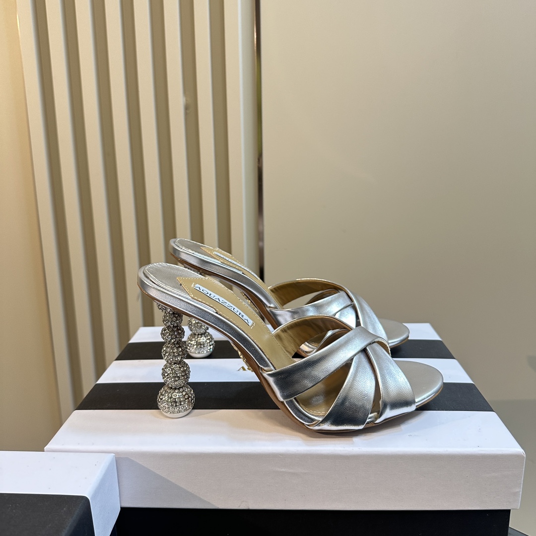 Aquazzura Silver 105mm Yes Baby Satin Mules - DopestKickz