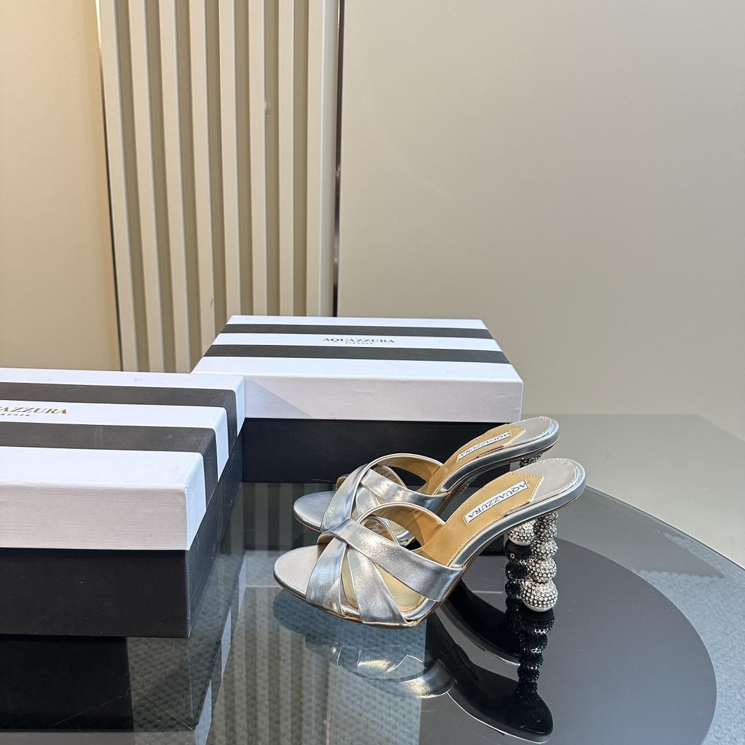 Aquazzura Silver 105mm Yes Baby Satin Mules - DopestKickz