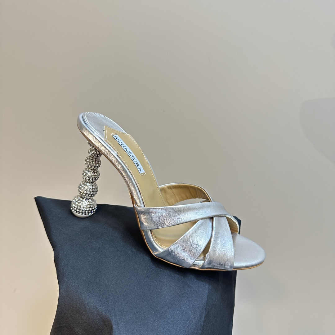 Aquazzura Silver 105mm Yes Baby Satin Mules - DopestKickz