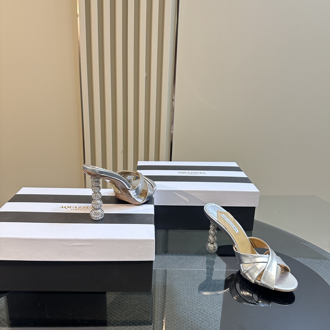 Aquazzura Silver 105mm Yes Baby Satin Mules - DopestKickz
