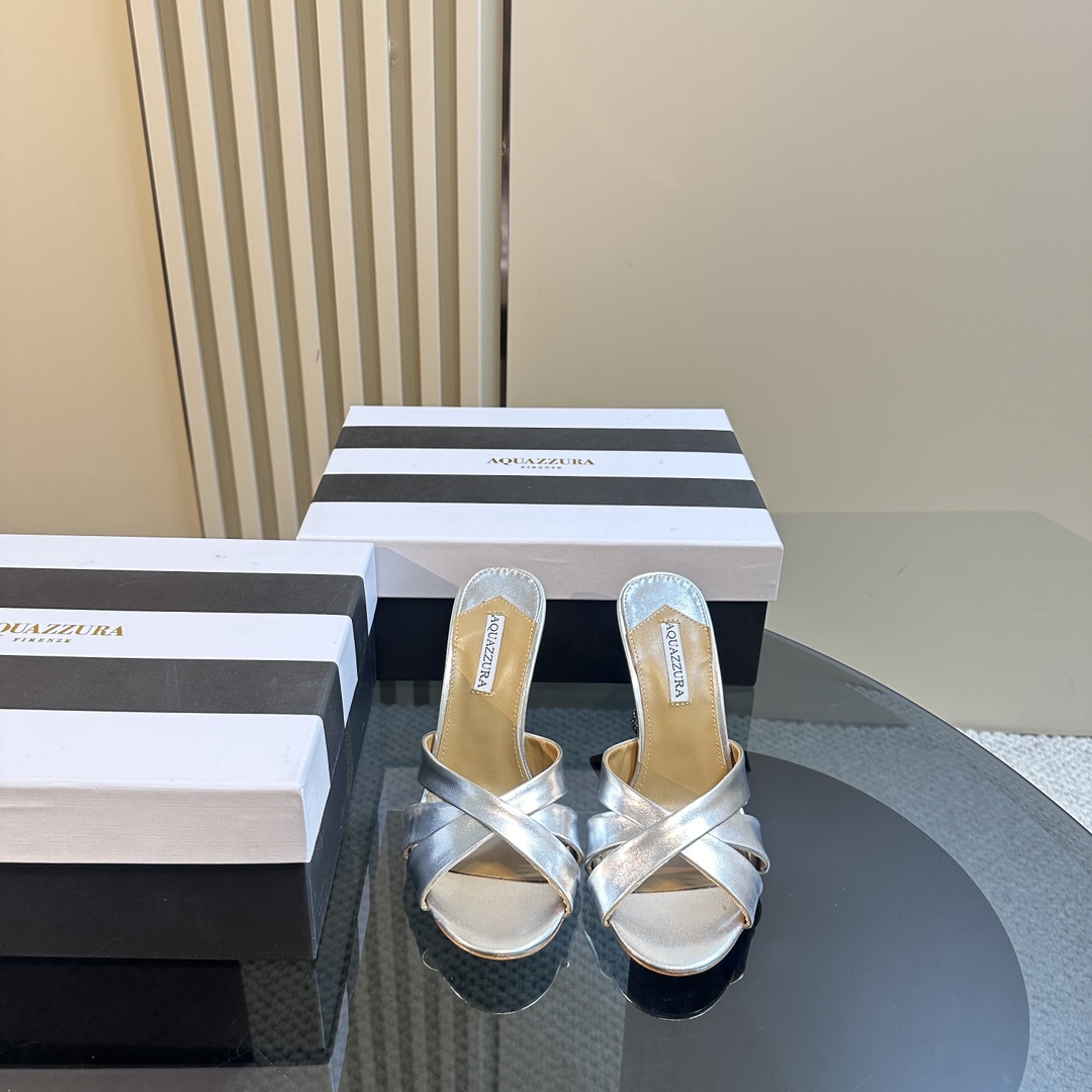 Aquazzura Silver 105mm Yes Baby Satin Mules - DopestKickz