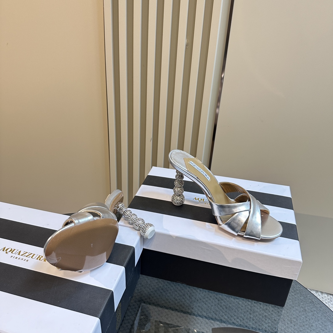 Aquazzura Silver 105mm Yes Baby Satin Mules - DopestKickz