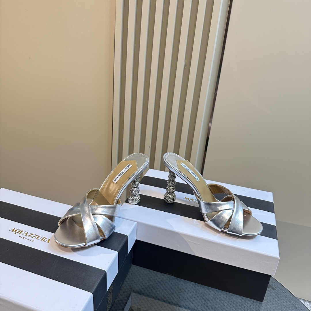 Aquazzura Silver 105mm Yes Baby Satin Mules - DopestKickz