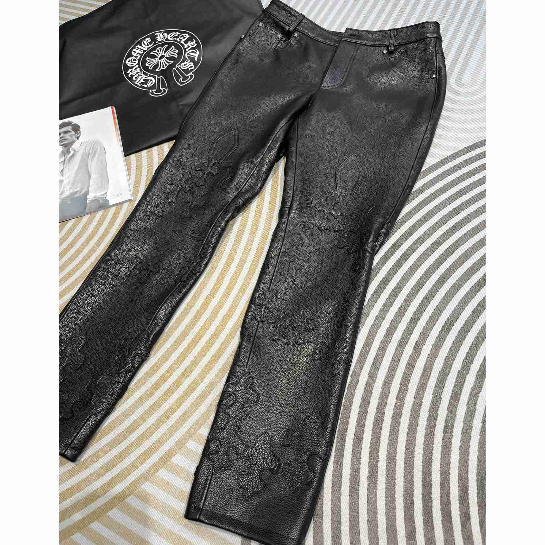Chrome Heart Cross Patch Leather Pants - DopestKickz