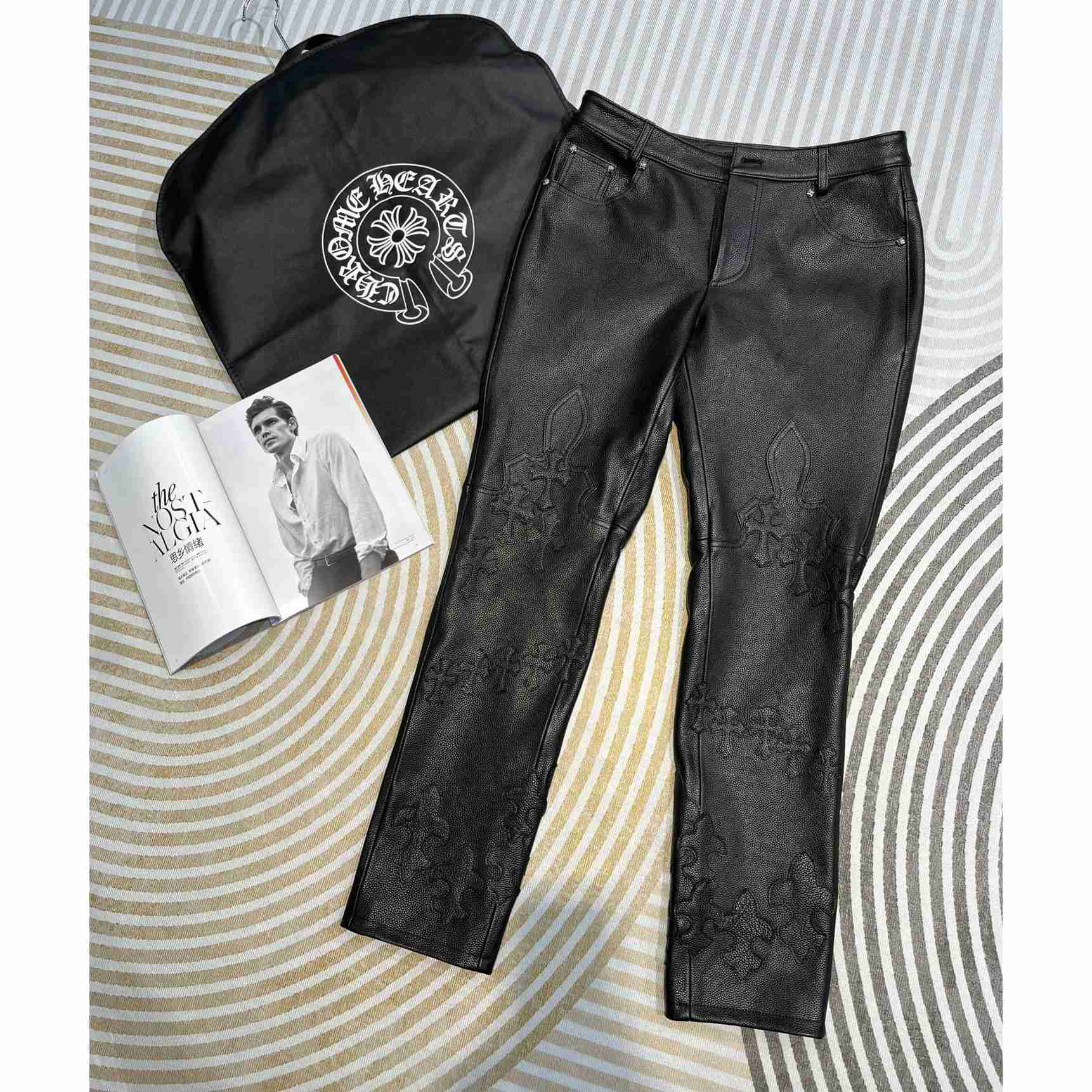 Chrome Heart Cross Patch Leather Pants - DopestKickz