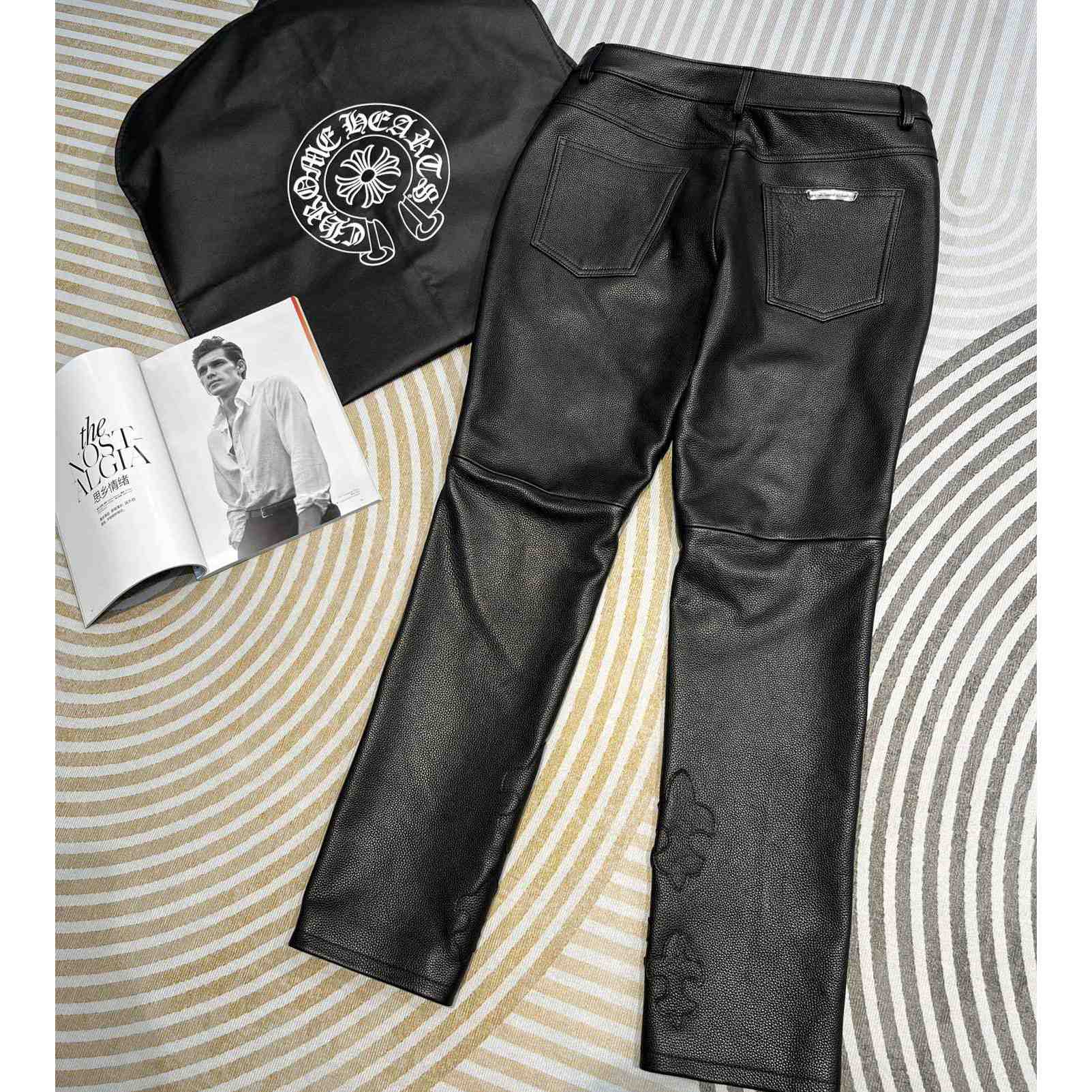 Chrome Heart Cross Patch Leather Pants - DopestKickz