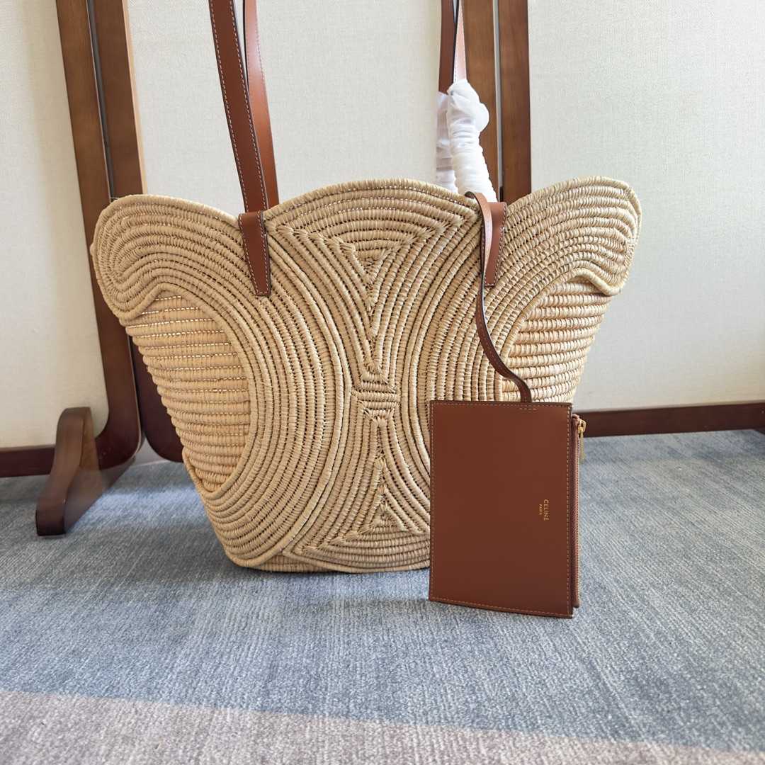 Celine Classic Panier Medium Braided Triomphe In Raffia And Calfskin - DopestKickz