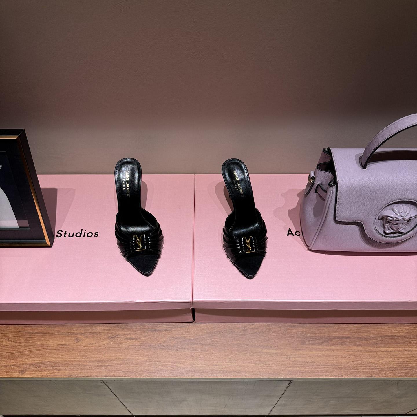 Saint Laurent Babylone YSL Ruched Leather Mule Sandals - DopestKickz