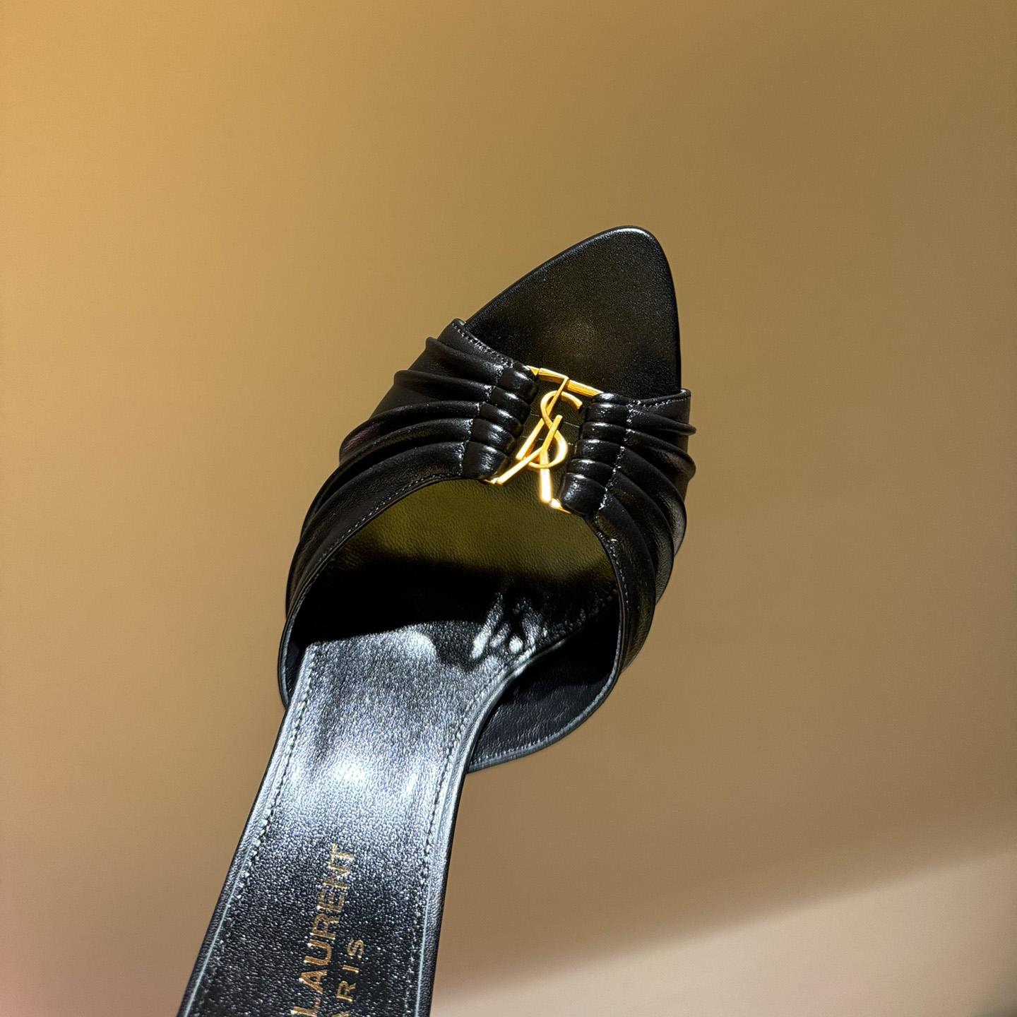 Saint Laurent Babylone YSL Ruched Leather Mule Sandals - DopestKickz