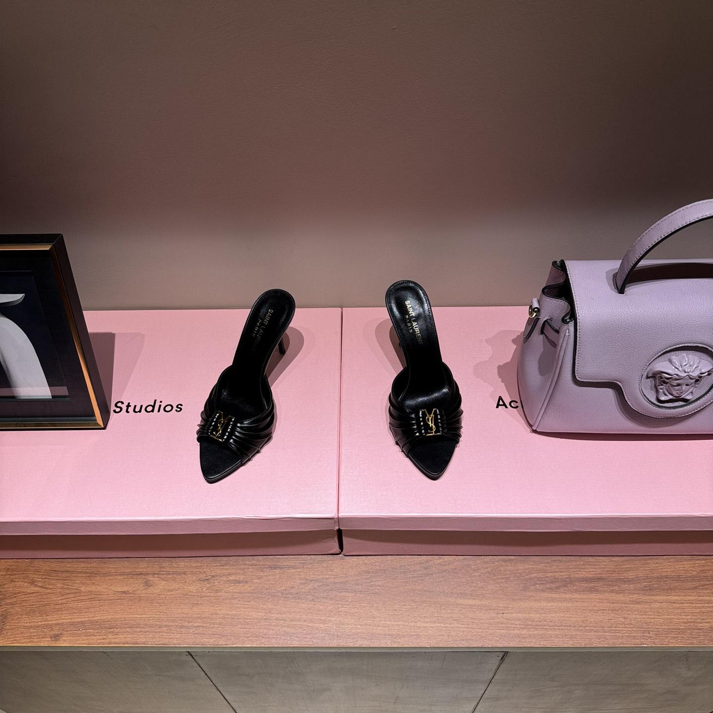 Saint Laurent Babylone YSL Ruched Leather Mule Sandals - DopestKickz