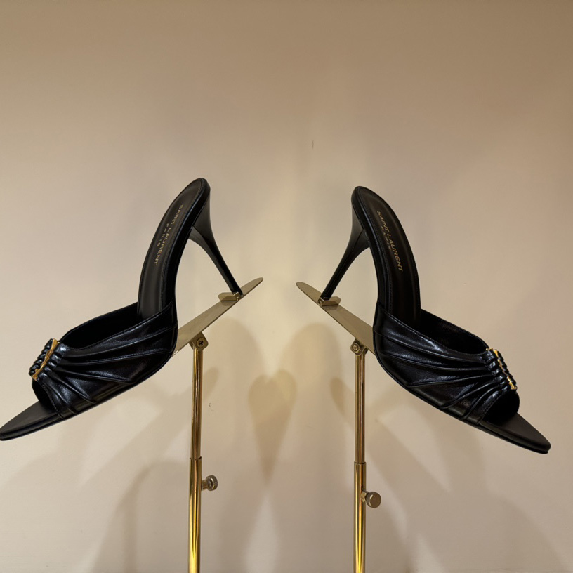 Saint Laurent Babylone YSL Ruched Leather Mule Sandals - DopestKickz