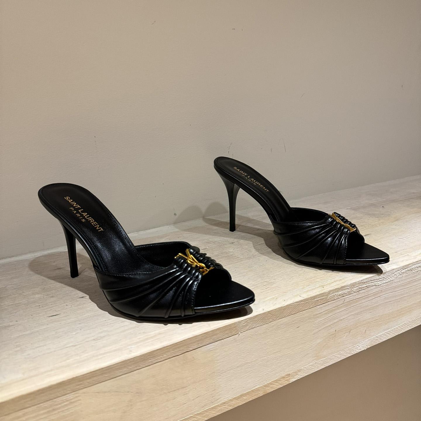 Saint Laurent Babylone YSL Ruched Leather Mule Sandals - DopestKickz