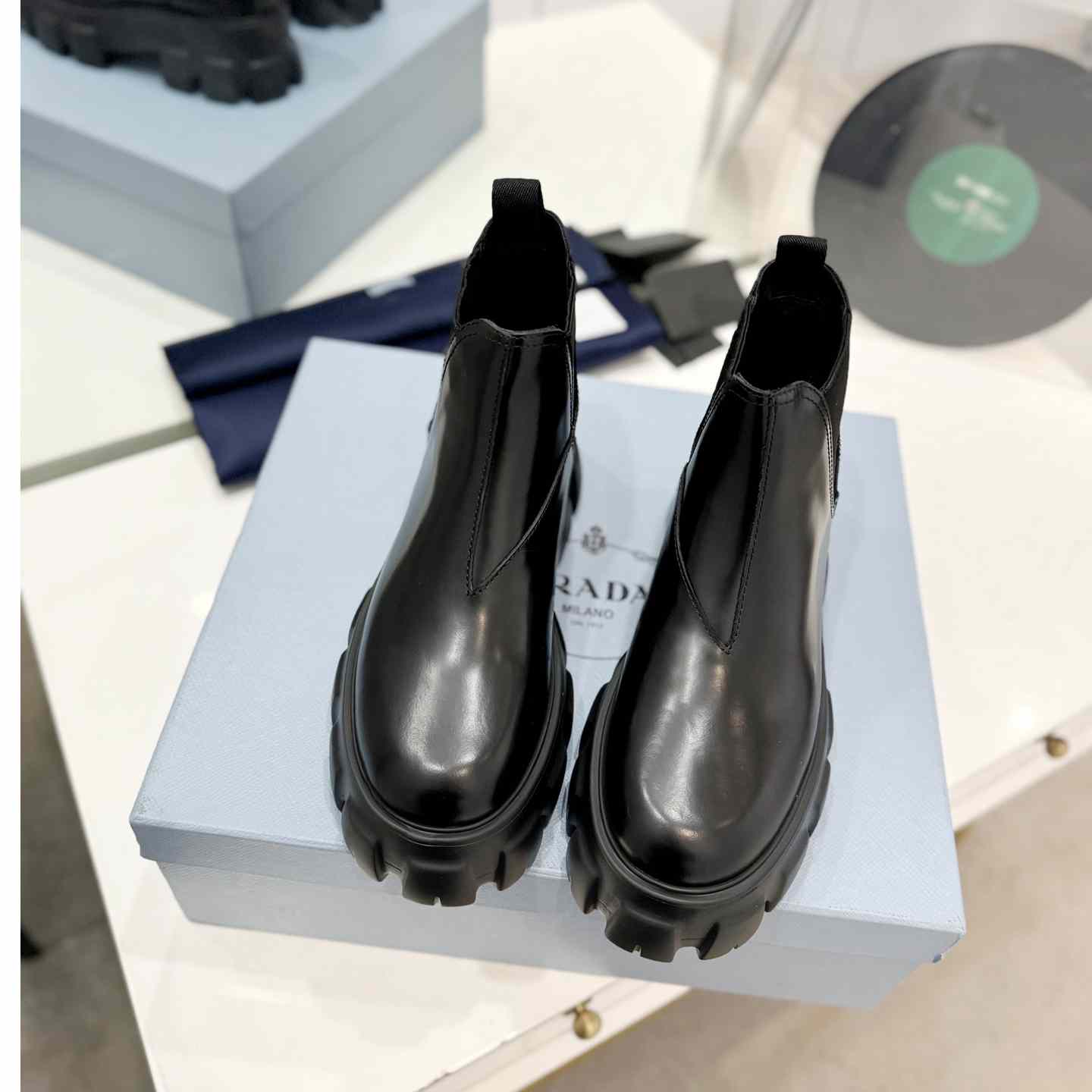 Prada Moonlith Brushed Leather Chelsea Boots - DopestKickz
