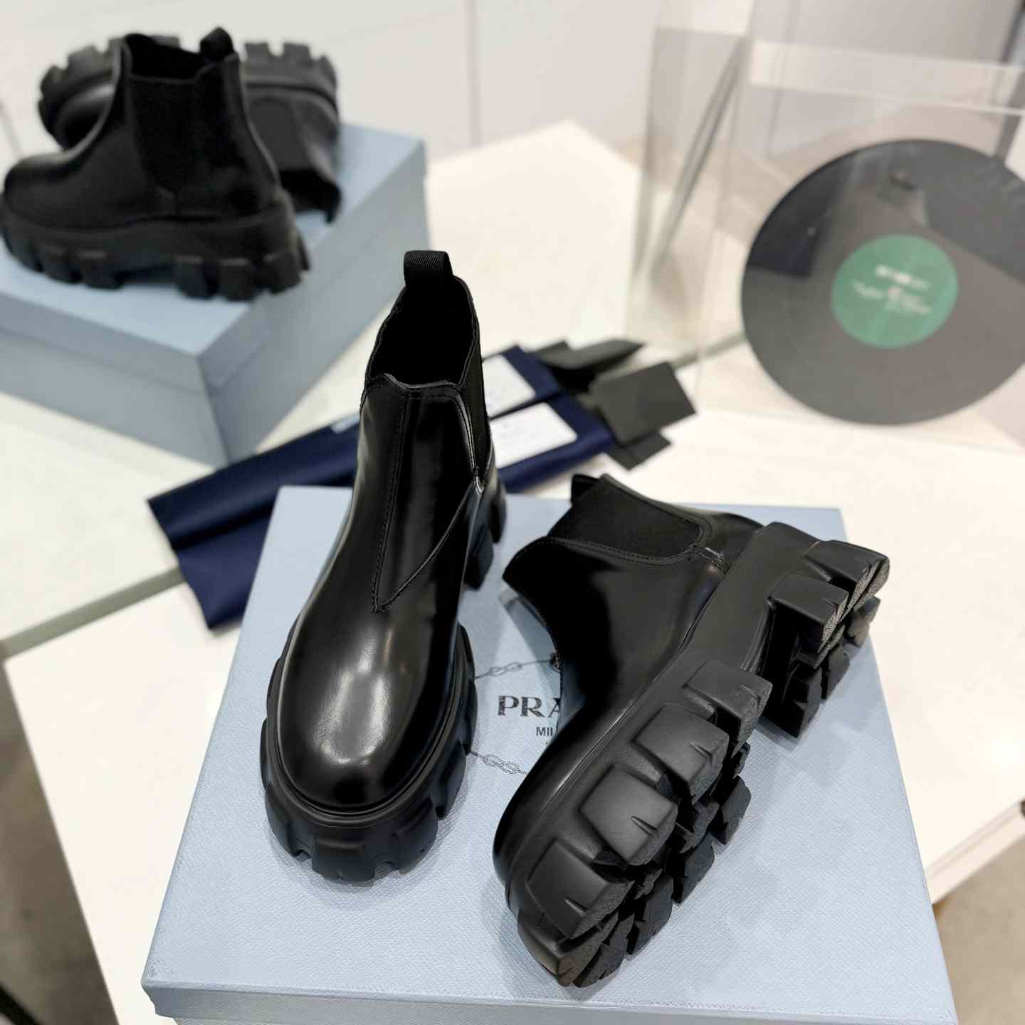 Prada Moonlith Brushed Leather Chelsea Boots - DopestKickz