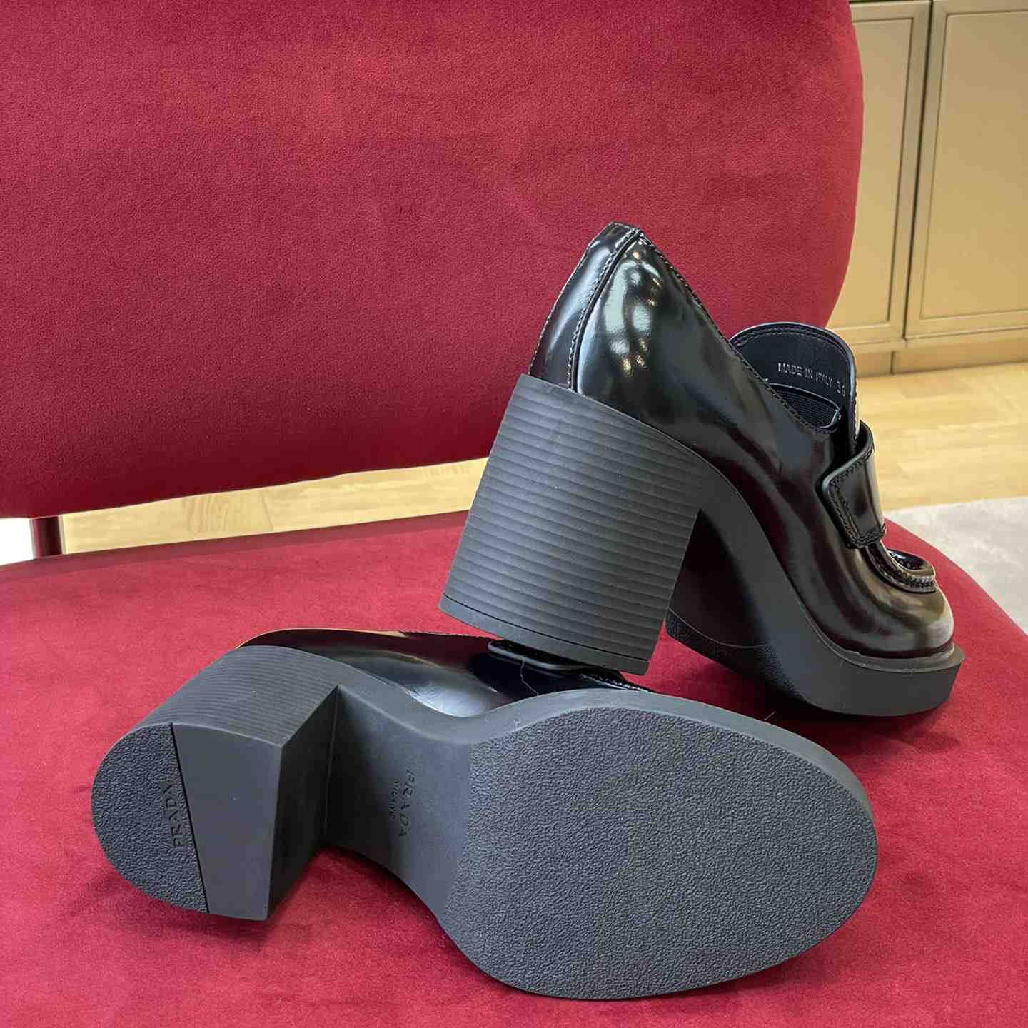 Prada Chocolate High-Heeled Brushed Leather Loafers   - DopestKickz