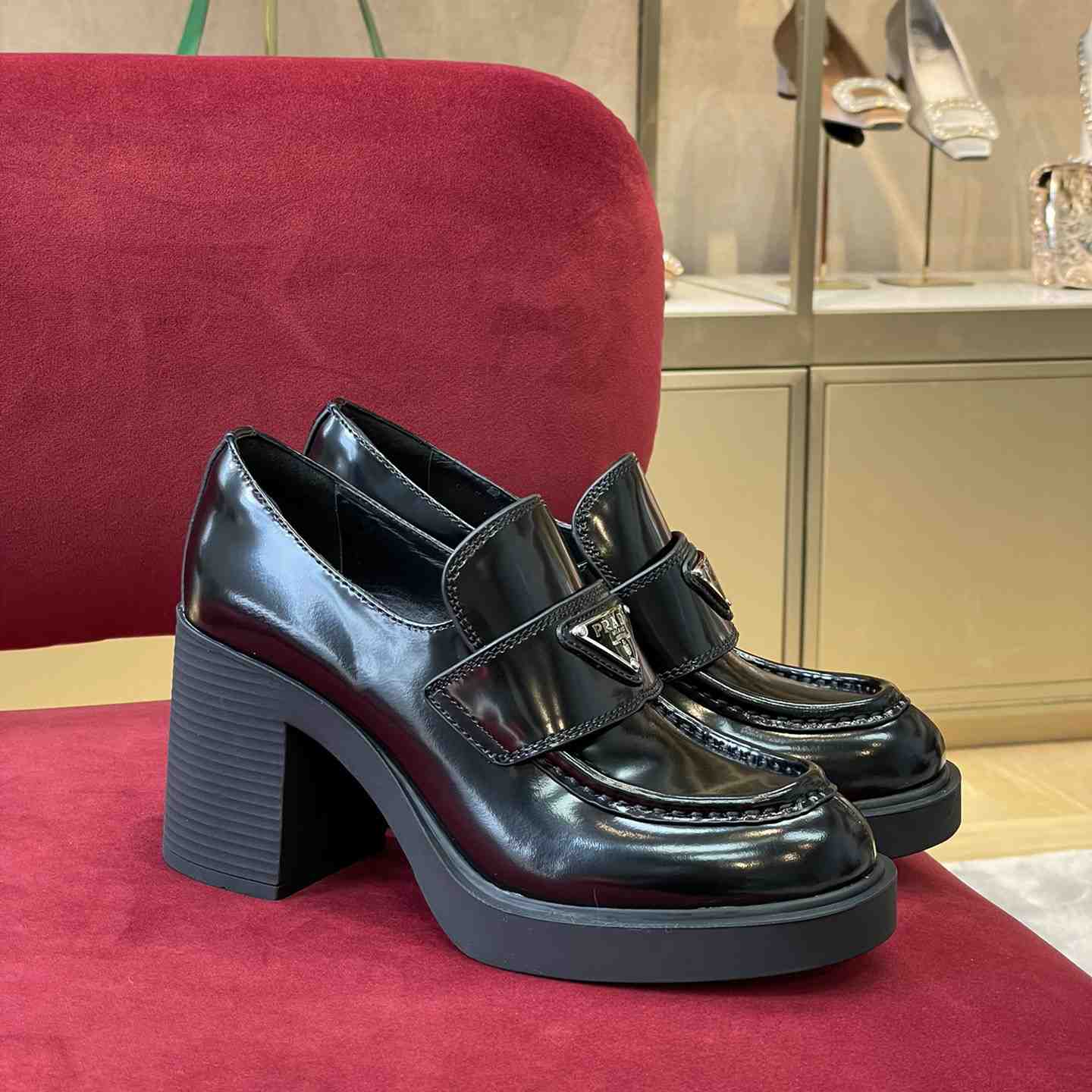 Prada Chocolate High-Heeled Brushed Leather Loafers   - DopestKickz