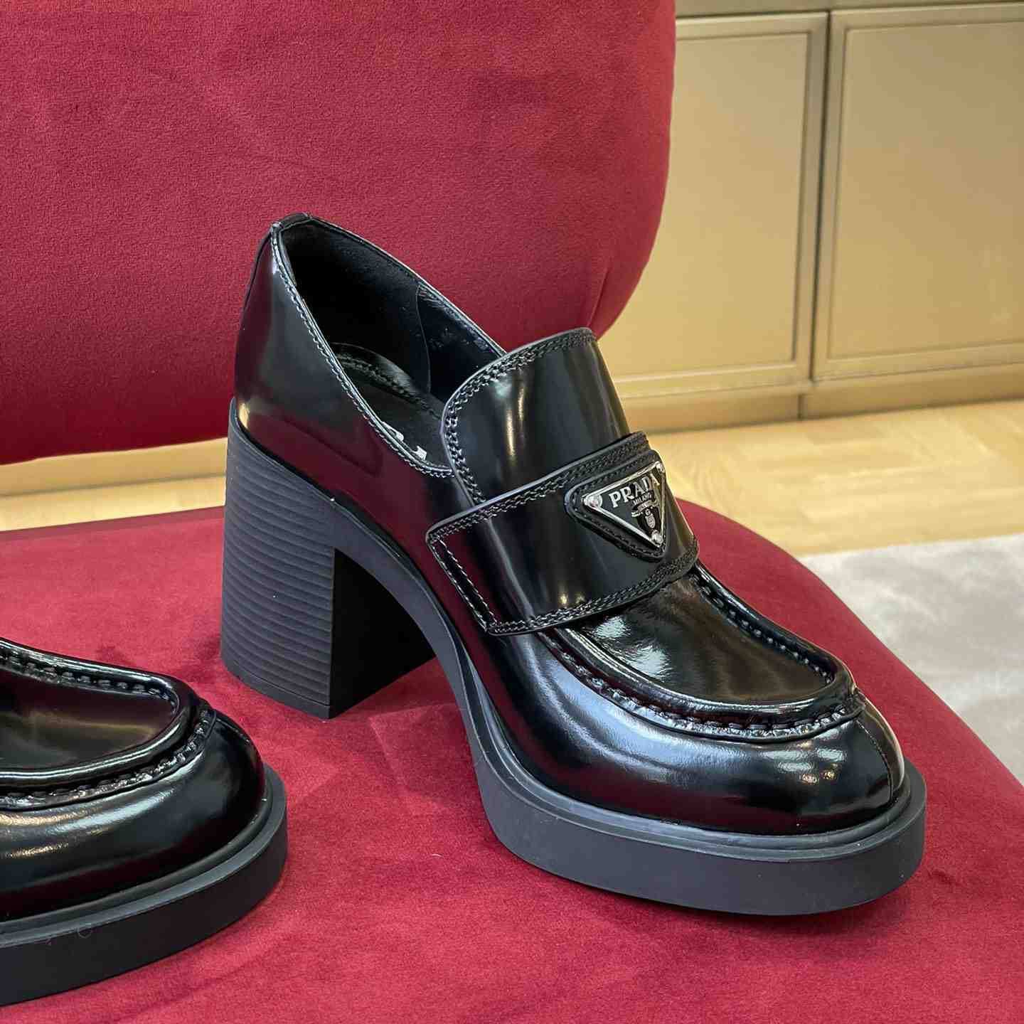 Prada Chocolate High-Heeled Brushed Leather Loafers   - DopestKickz