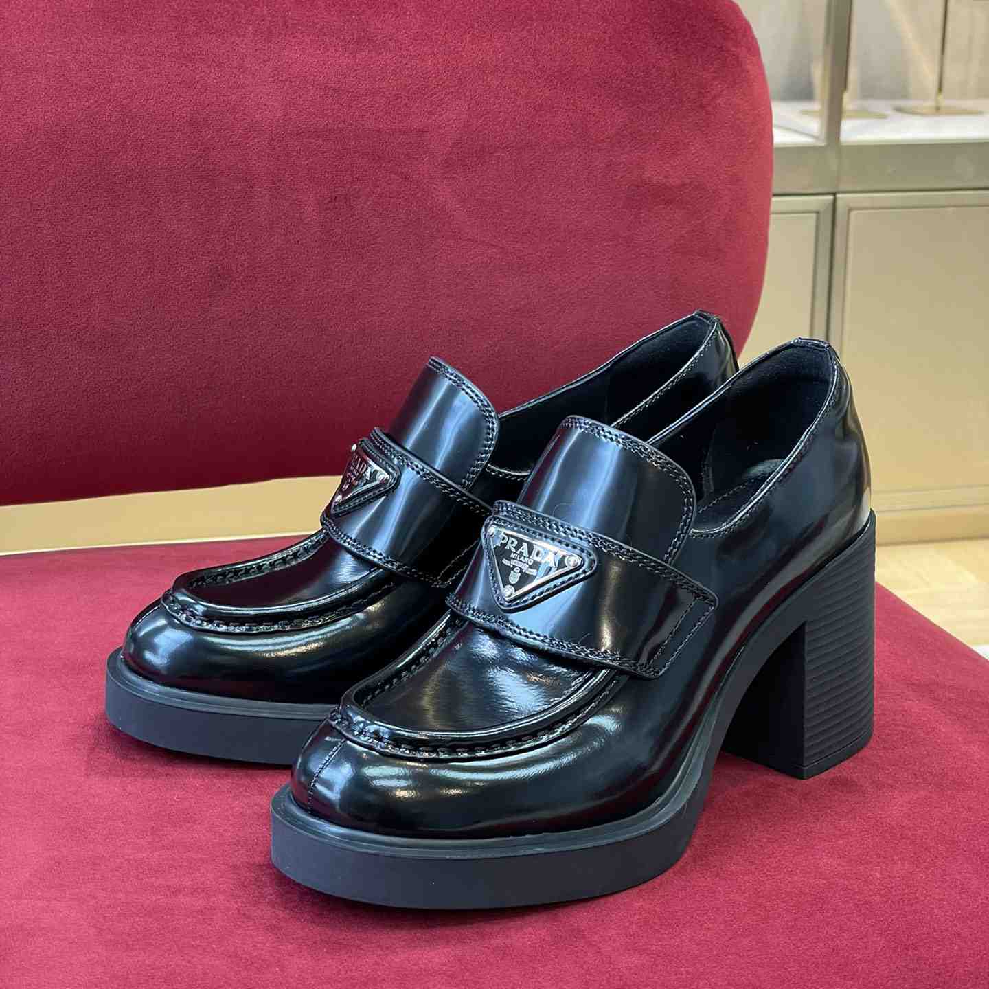 Prada Chocolate High-Heeled Brushed Leather Loafers   - DopestKickz