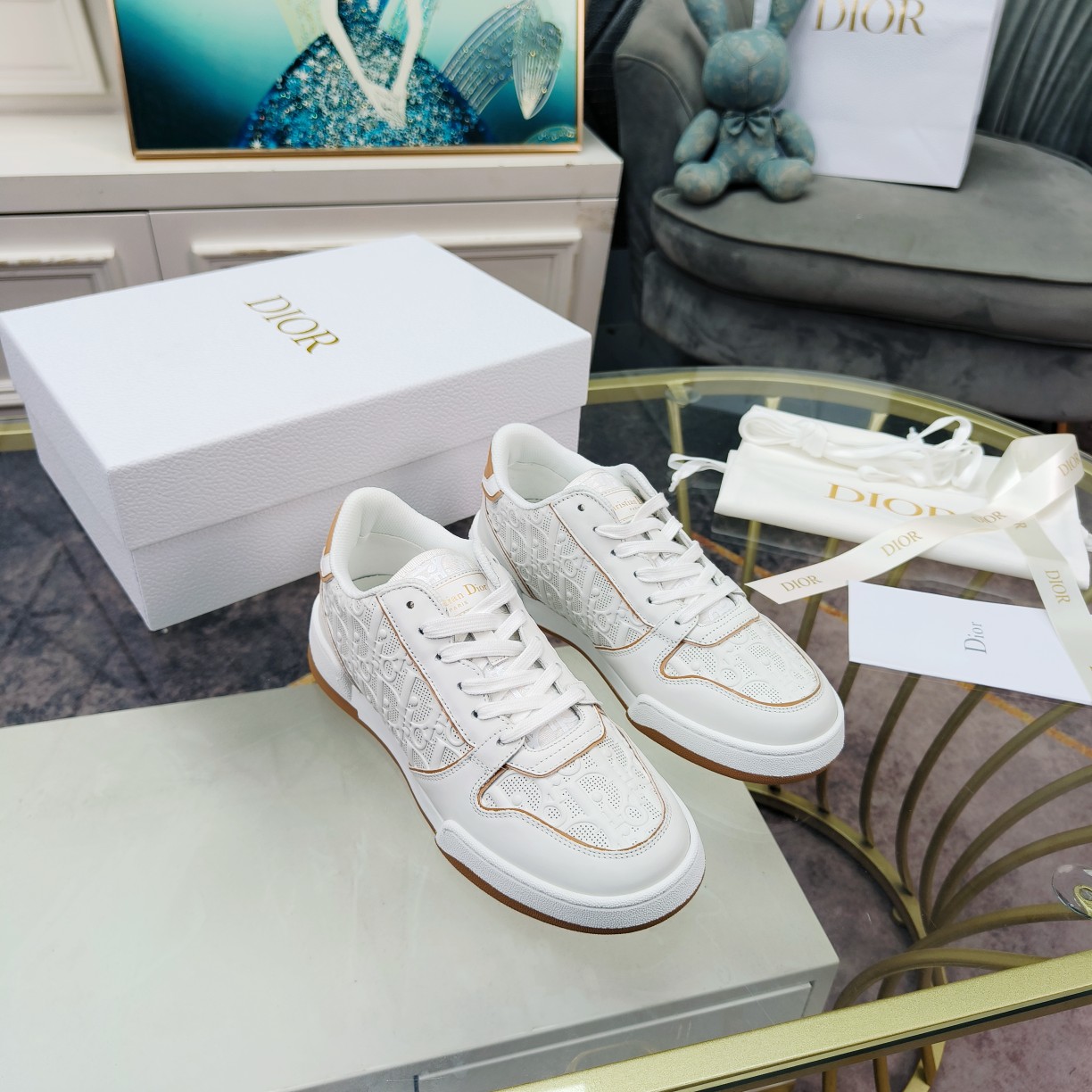 Dior One White and Nude Dior Oblique Perforated Calfskin Sneaker  - DopestKickz