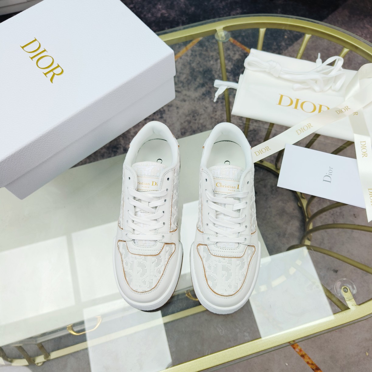 Dior One White and Nude Dior Oblique Perforated Calfskin Sneaker  - DopestKickz