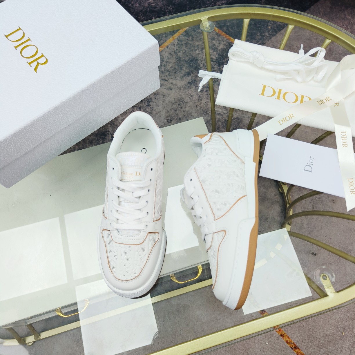 Dior One White and Nude Dior Oblique Perforated Calfskin Sneaker  - DopestKickz