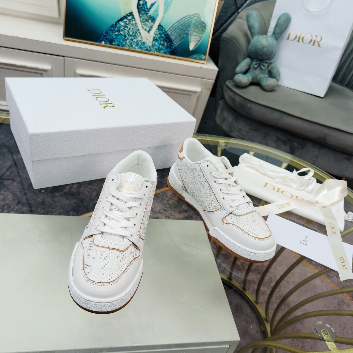 Dior One White and Nude Dior Oblique Perforated Calfskin Sneaker  - DopestKickz