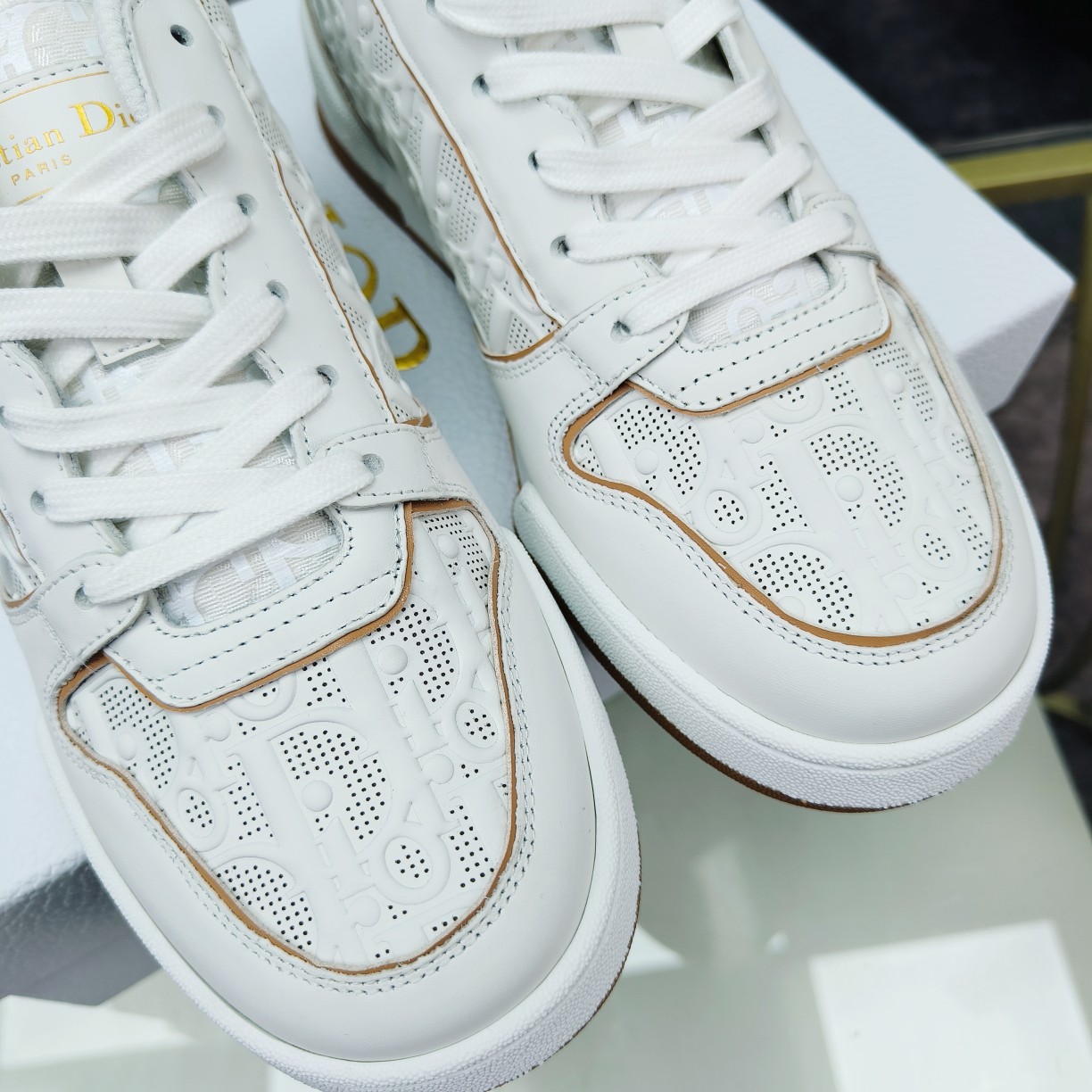 Dior One White and Nude Dior Oblique Perforated Calfskin Sneaker  - DopestKickz