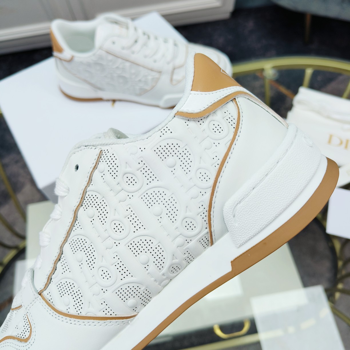 Dior One White and Nude Dior Oblique Perforated Calfskin Sneaker  - DopestKickz
