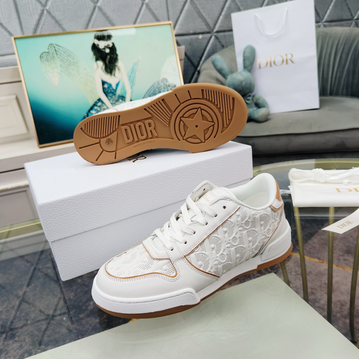 Dior One White and Nude Dior Oblique Perforated Calfskin Sneaker  - DopestKickz
