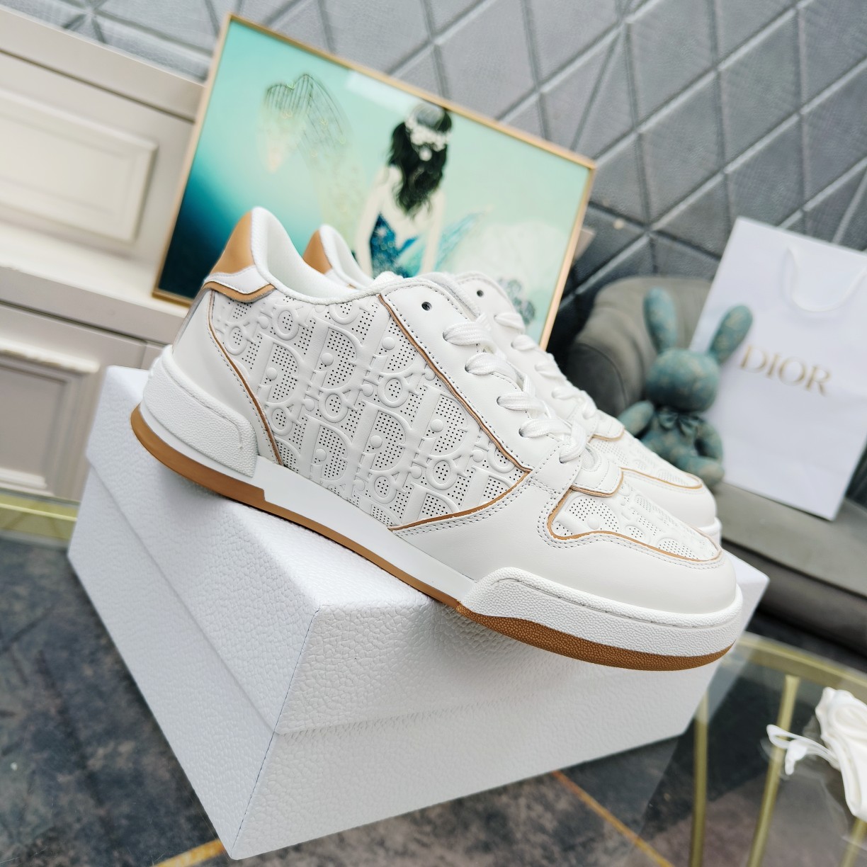 Dior One White and Nude Dior Oblique Perforated Calfskin Sneaker  - DopestKickz