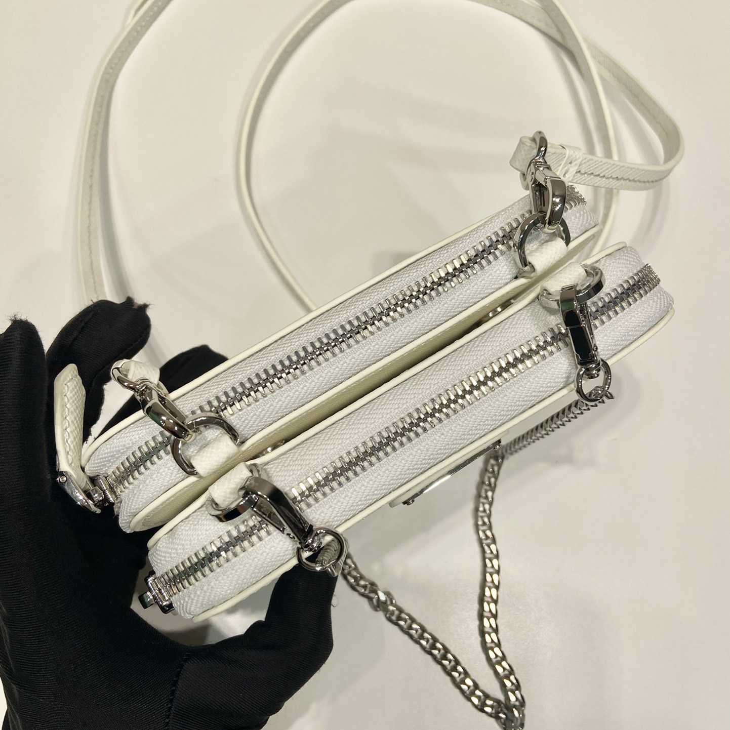 Prada Triangular Embellished Satin And Leather Mini-pouch - DopestKickz