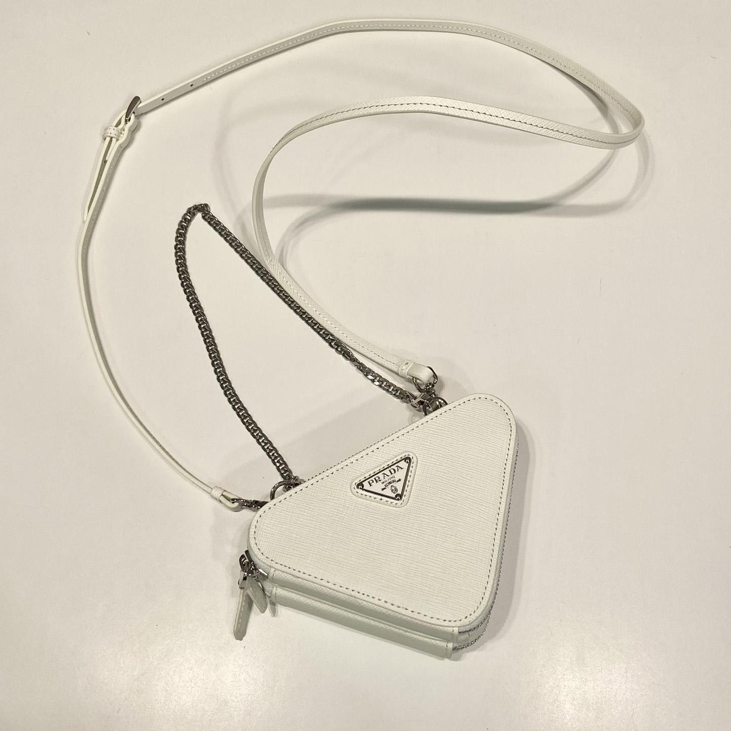 Prada Triangular Embellished Satin And Leather Mini-pouch - DopestKickz