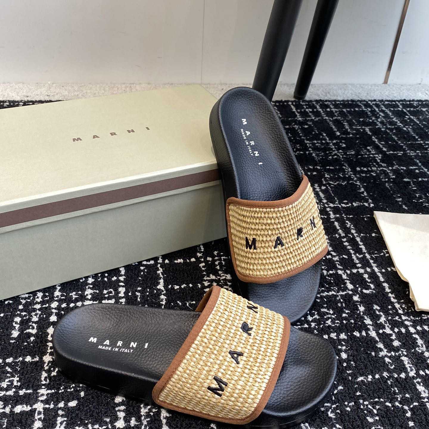 Marni Slide Logo-embroidered Raffia Slides  - DopestKickz