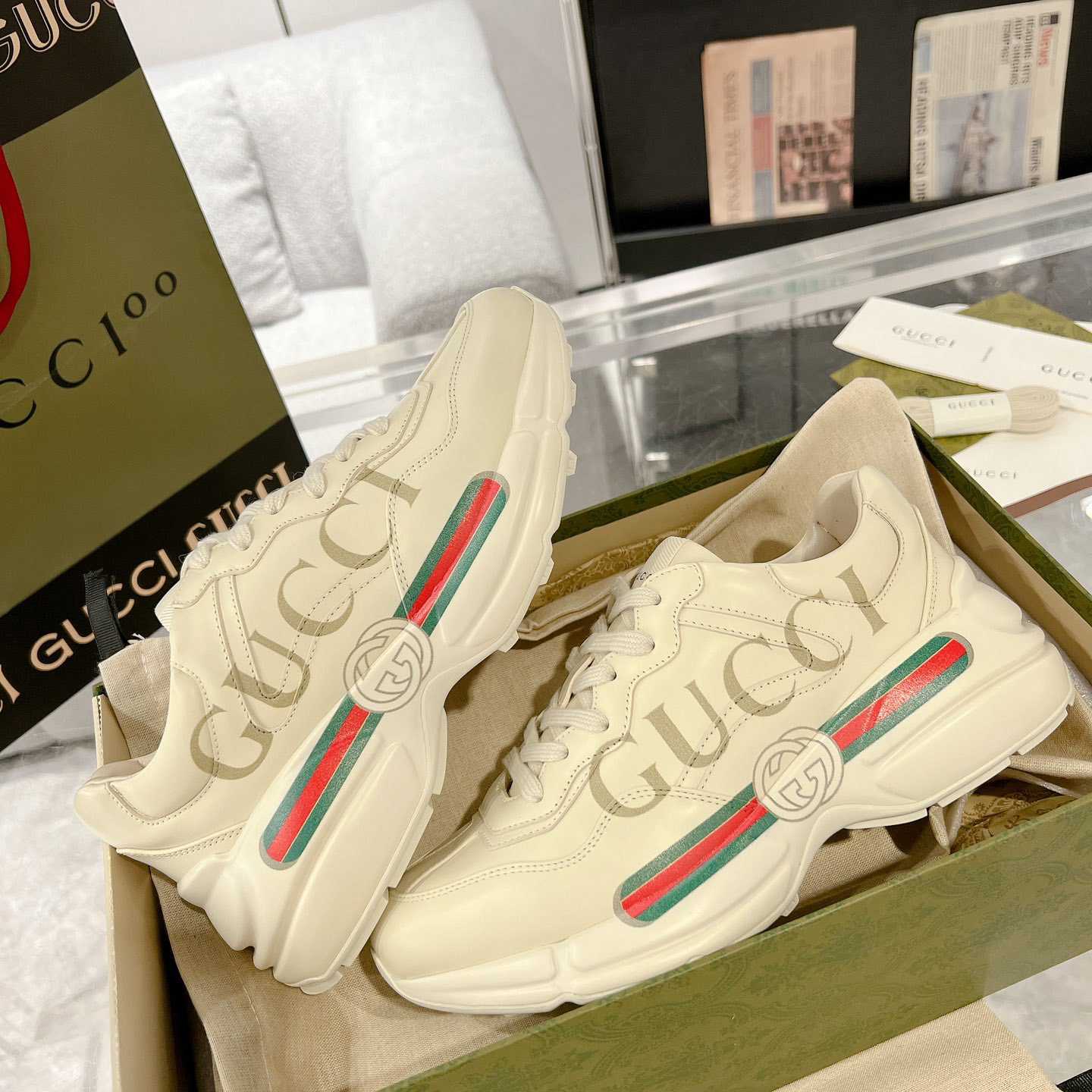 Gucci Rhyton Logo Ivory Leather Sneaker - DopestKickz
