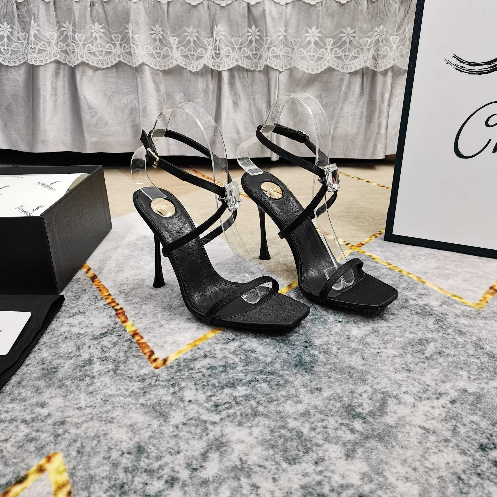 Saint Laurent Harlow Sandals In Satin Crepe And Crystals - DopestKickz