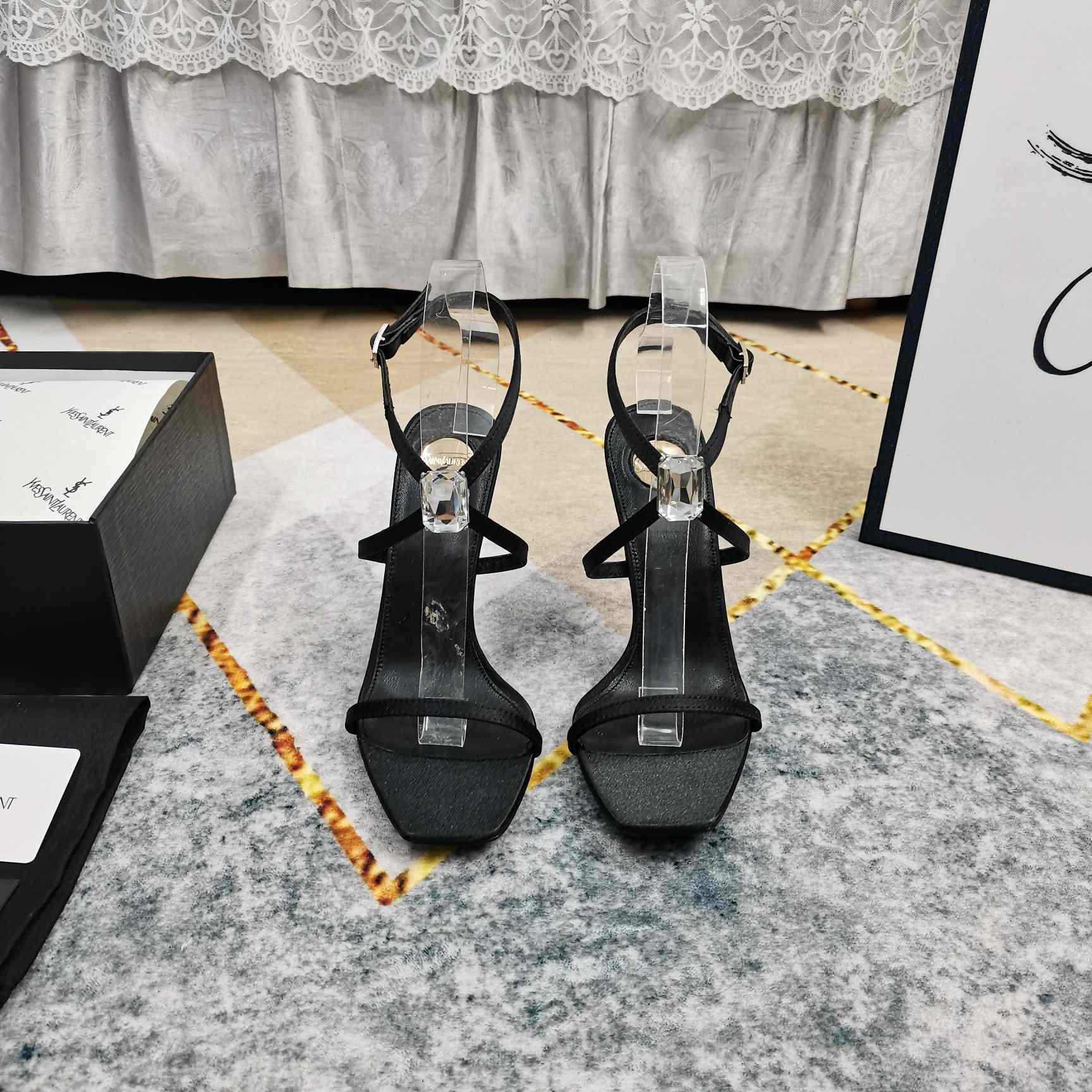 Saint Laurent Harlow Sandals In Satin Crepe And Crystals - DopestKickz