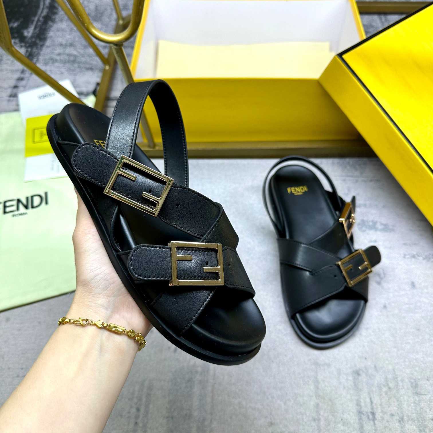Fendi Feel Black Leather Slides - DopestKickz