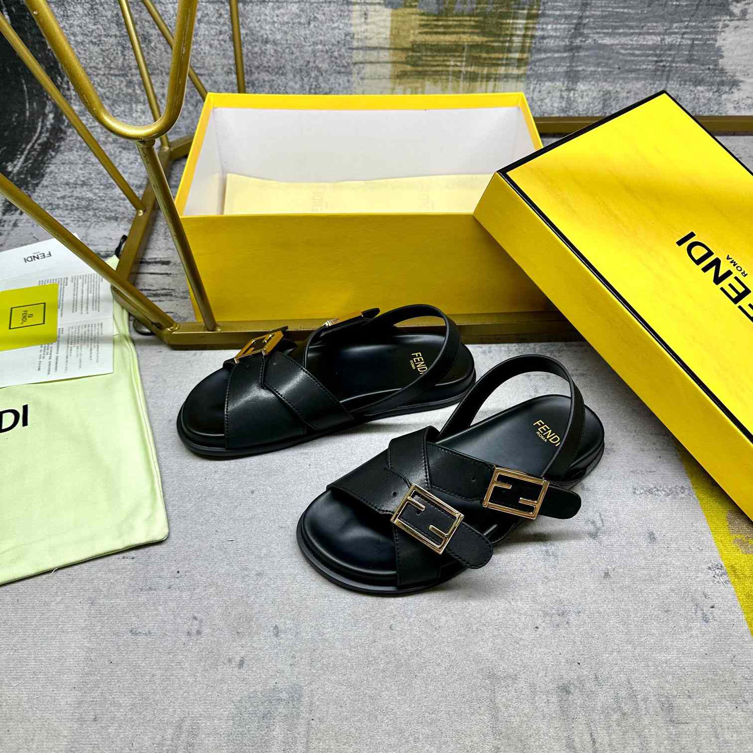 Fendi Feel Black Leather Slides - DopestKickz
