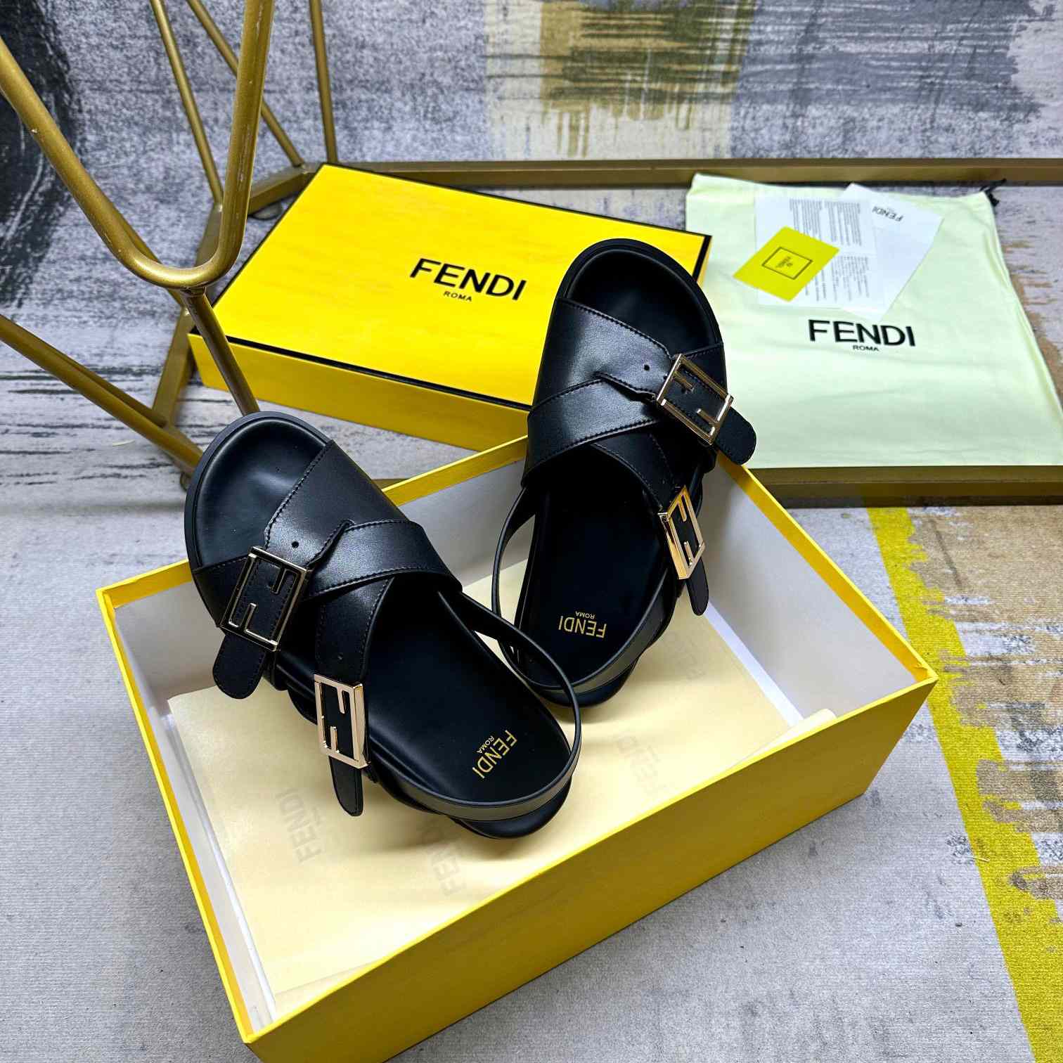 Fendi Feel Black Leather Slides - DopestKickz