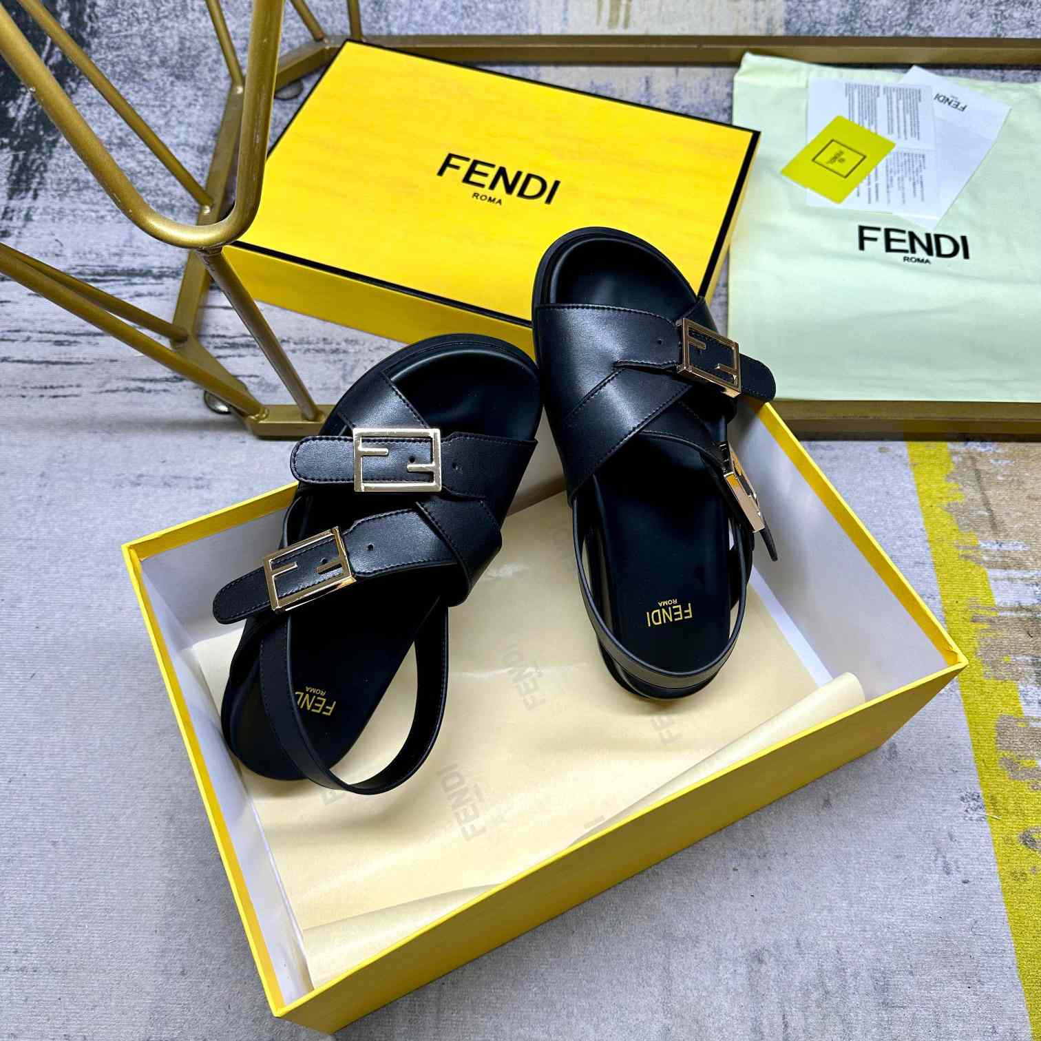 Fendi Feel Black Leather Slides - DopestKickz