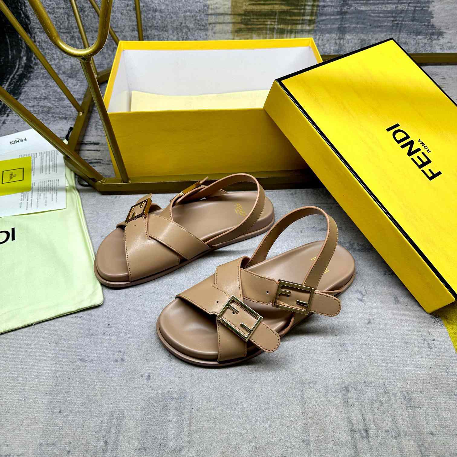 Fendi Feel Beige Leather Slides - DopestKickz