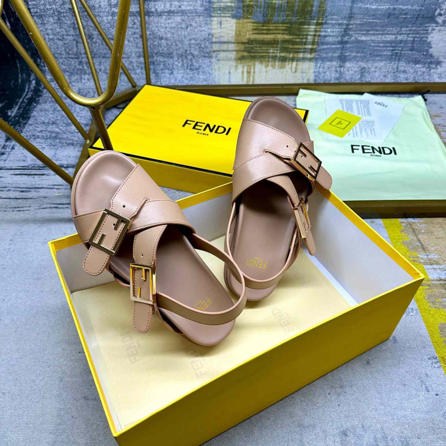 Fendi Feel Beige Leather Slides - DopestKickz